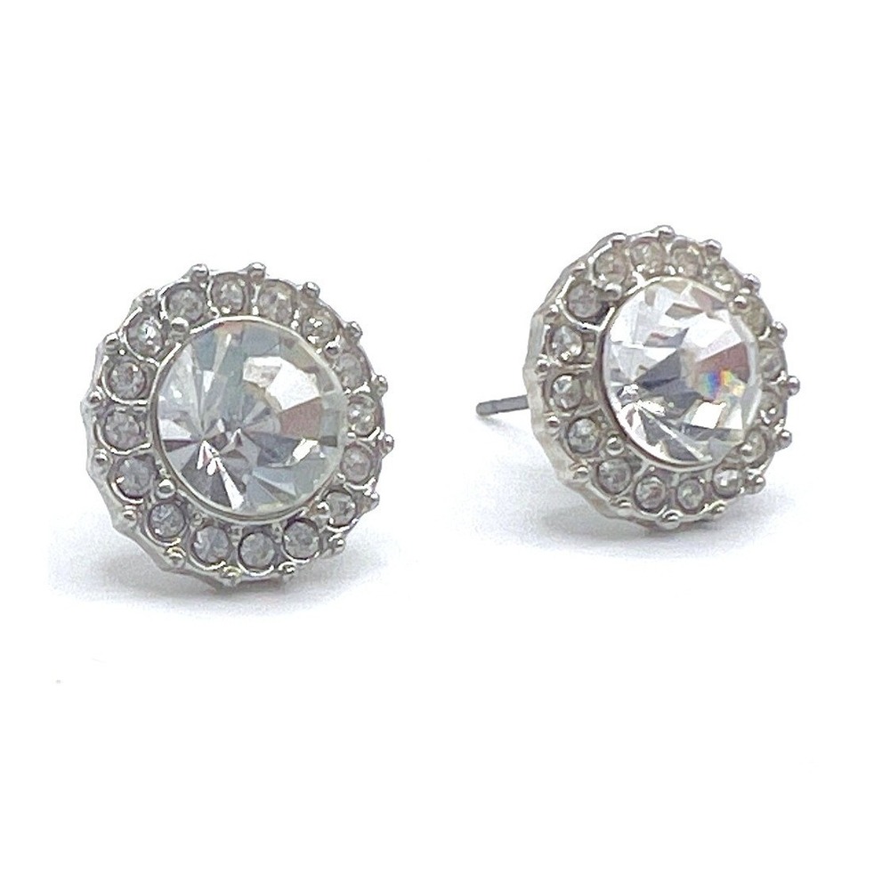 Rhinestone Halo Stud Earrings Silver Tone Sparkly Round 0.75"